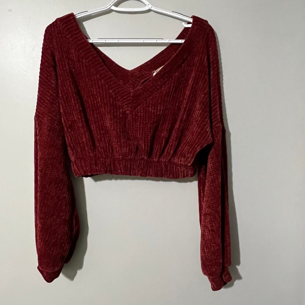 Spring Haze LA Chenille Crop Sweater Womens Small Burgundy V Neck